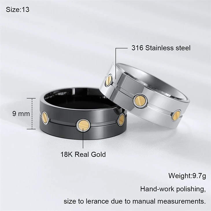 316L Stainless Steel 18K Gold Inlay Screw Detail Ring detail 316L Stainless Steel 18K Gold Inlay Screw Detail Ring detail